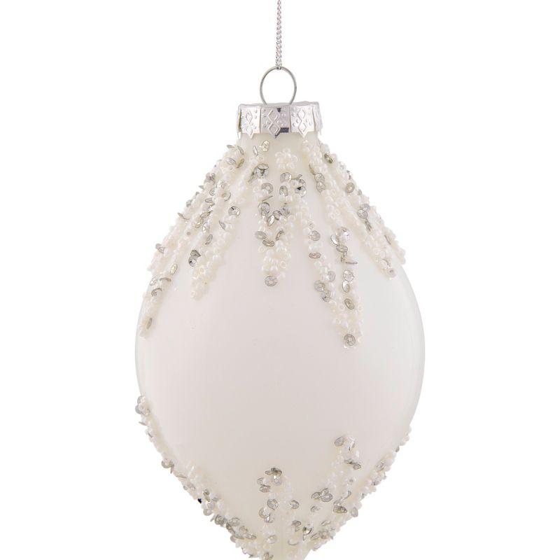 Northlight Beaded and Sequins Christmas Glass Finial Ornament - 5" - White and Silver