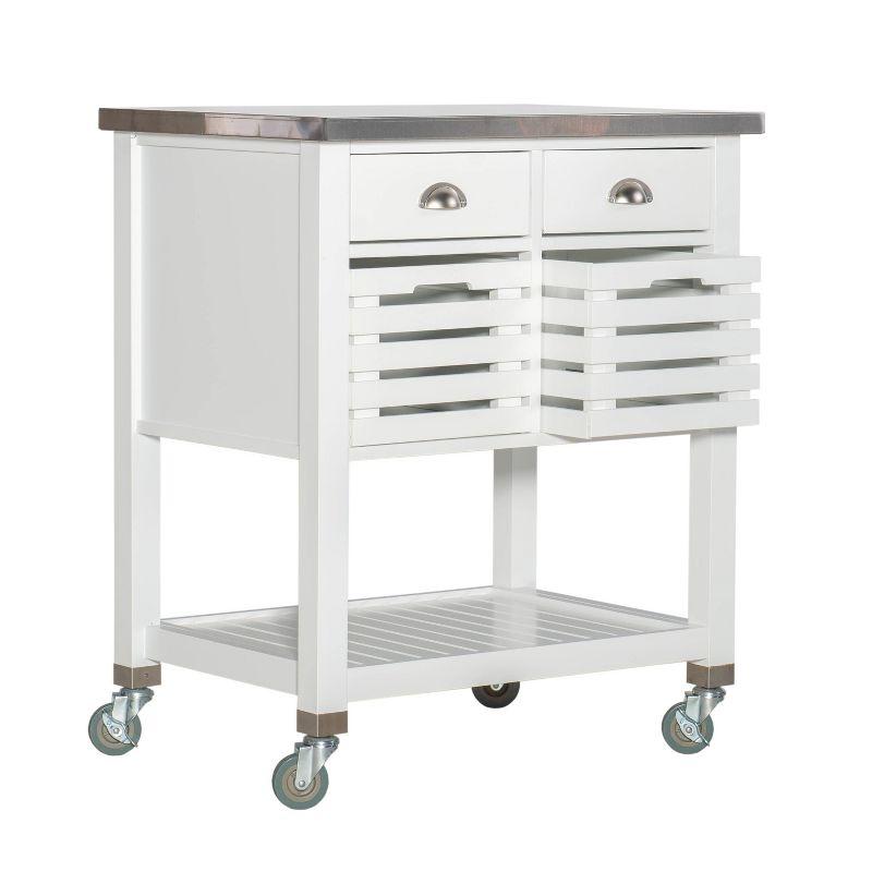 Farmhouse Charm White Stainless Steel Kitchen Cart with Butcher Block