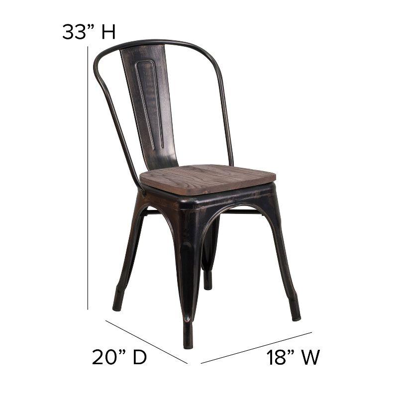 Rustic Black-Antique Gold Metal Stackable Side Chair with Wood Seat