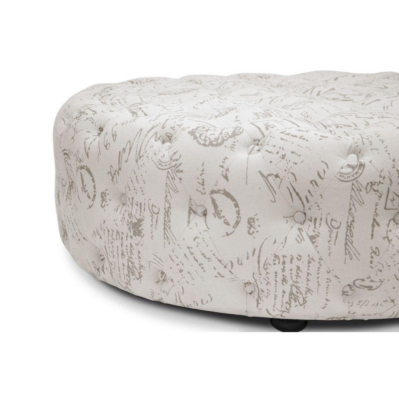 Cardiff Script Print Modern Tufted Ottoman - Baxton Studio: Circular, Linen Upholstery, Wood Legs