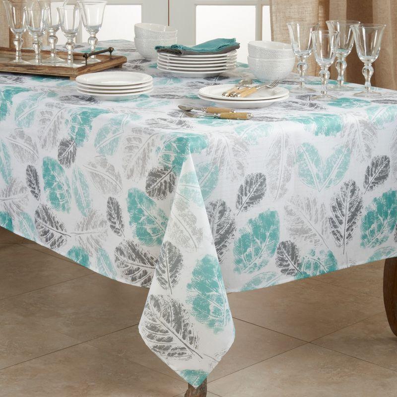 Mint and Gray Leaf Print Polyester Tablecloth, 50" x 70"