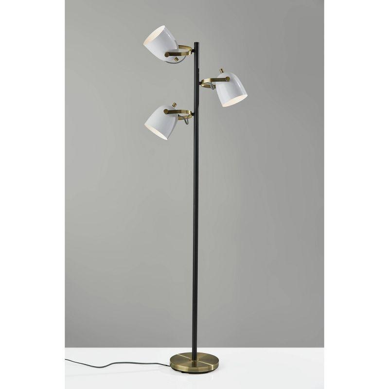 Casey Adjustable 3-Light Tree Floor Lamp in Black, White & Antique Brass