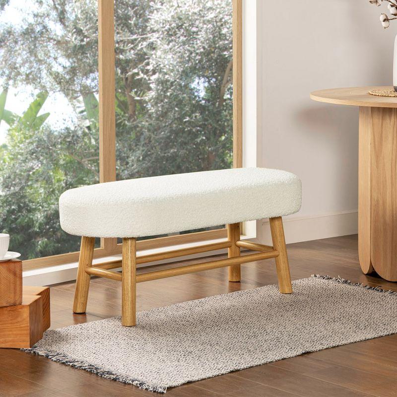 Ivory White Boucle Upholstered Bedroom Bench with Natural Wood Legs