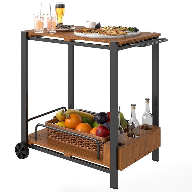 Outsunny Acacia Wood Outdoor Bar Cart with Wheels, Rolling 2-Tier Coffee & Drink Cart with 3 Bottle Holders, Outdoor Serving Cart for Patio, Teak
