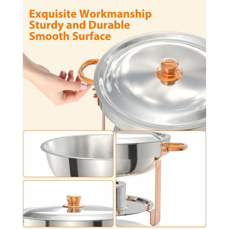 5QT round chafing dish buffet set (2-pack) in Rose Gold, NSF-certified stainless steel with lid, spoon, and tweezer, ideal for catering and events.