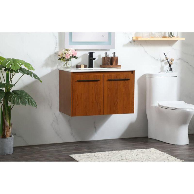 Teak Floating Bathroom Vanity with Quartz Top and Black Handles