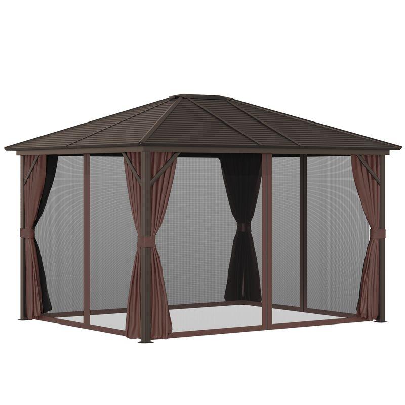 Outsunny 10' x12' Hardtop Gazebo with Aluminum Frame, Permanent Metal Roof Gazebo Canopy with 2 Hooks, Curtains and Netting for Garden