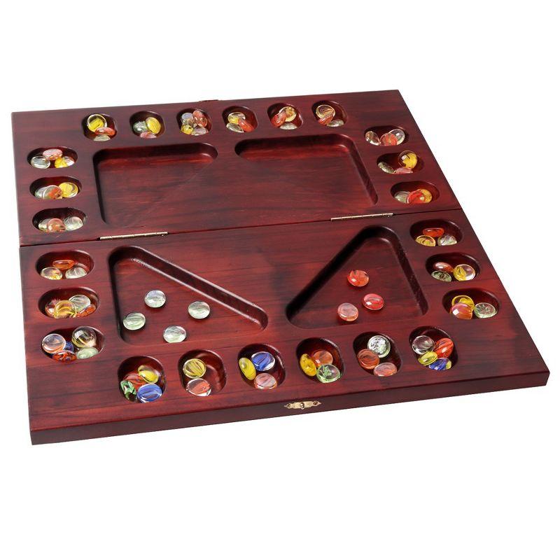 Mahogany Folding 4-Player Mancala Board Game with Multicolor Stones