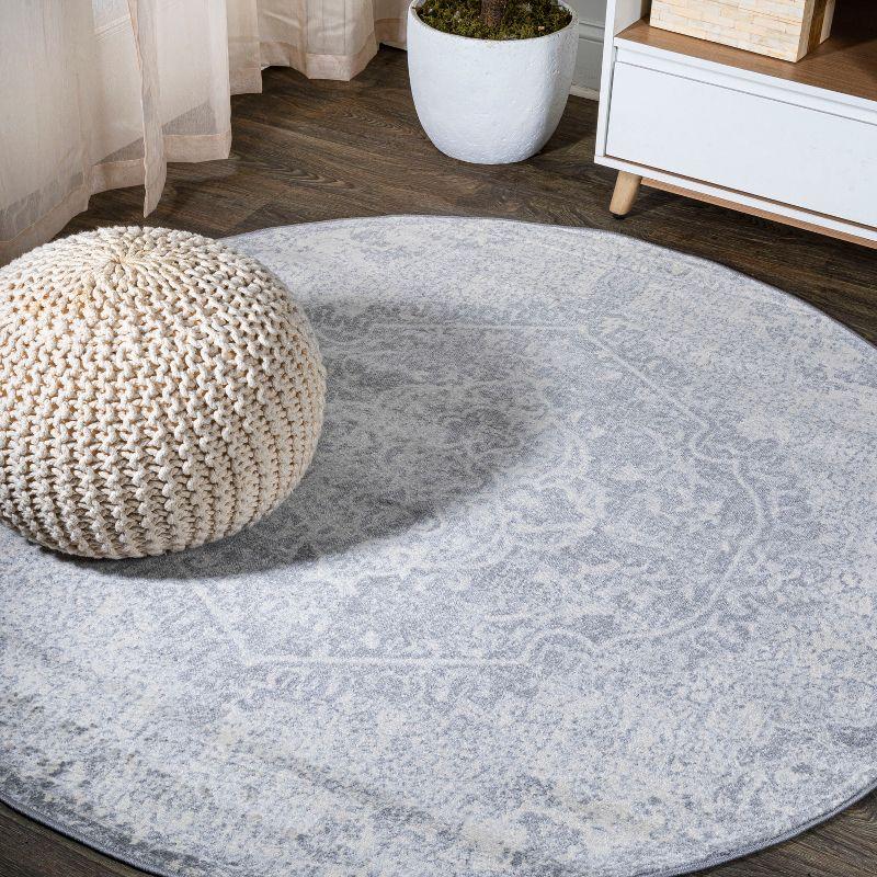 5' Round Modern Persian Vintage Medallion Area Rug, Gray/Ivory - JONATHAN Y
