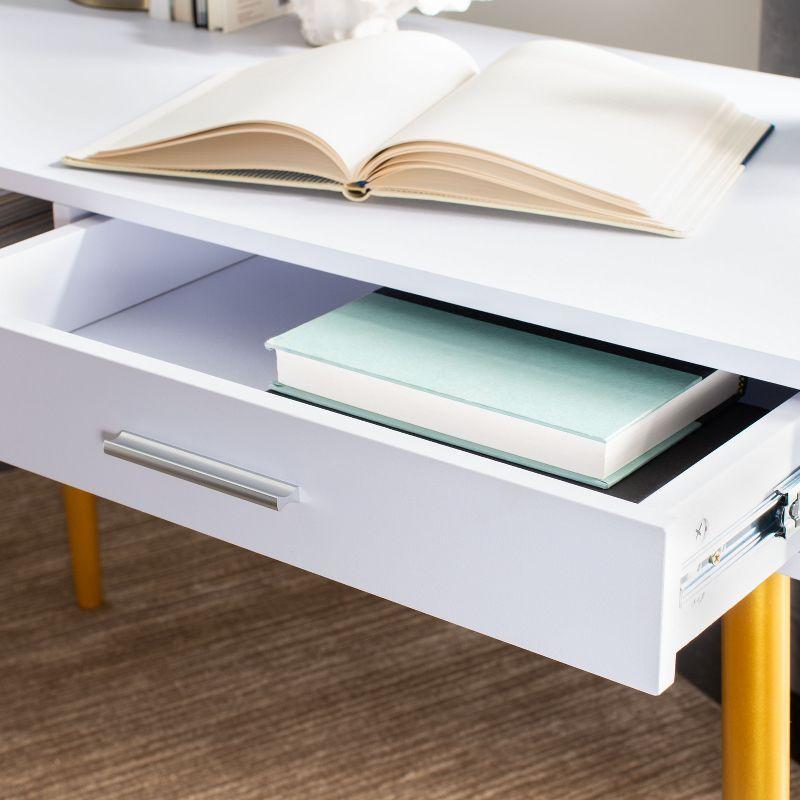 White and Gold Wood Writing Table with Drawer