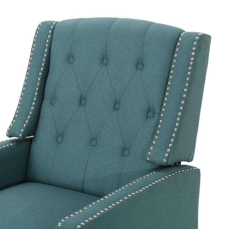 Teal Tufted Back Fabric Recliner with Dark Brown Legs