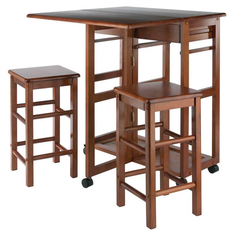 3pc Suzanne Space Saver Drop Leaf Dining Set Teak - Winsome: Compact, Storage Drawers & 2 Stools