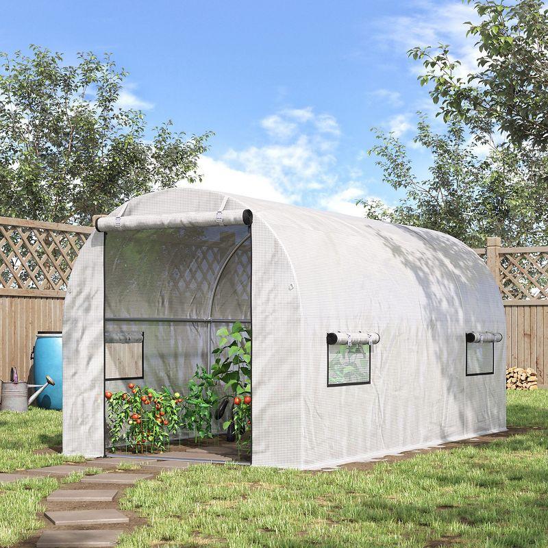 Outsunny 9.6' x 6.5' x 6.2' Walk-In PE Greenhouse with 2 Roll-up Zipper Doors & 6 Roll-up Windows for Plants, White