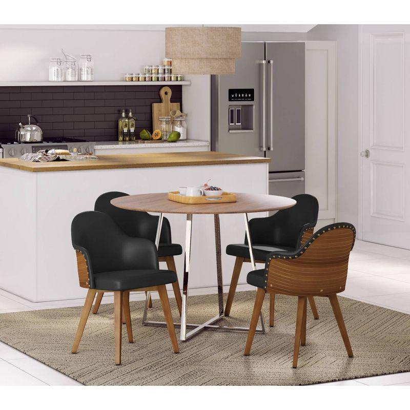 LumiSource Ahoy Dining Chair Walnut/Black/Brass: Mid-Century Modern Faux Leather with Nailhead Trim