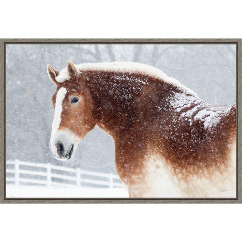 Snowy Draft Horse Lithograph on Canvas with Frame