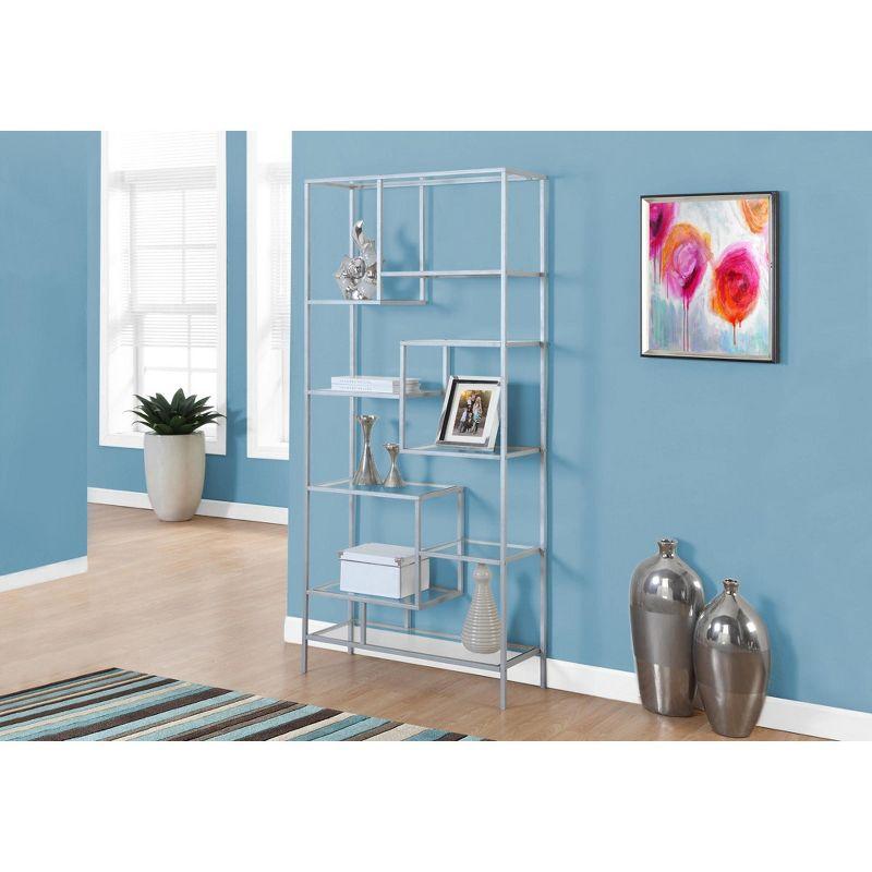 Monarch Specialties Bookshelf Bookcase Etagere 72InchH Office Bedroom Metal Tempered Glass Grey Clear Contemporary Modern