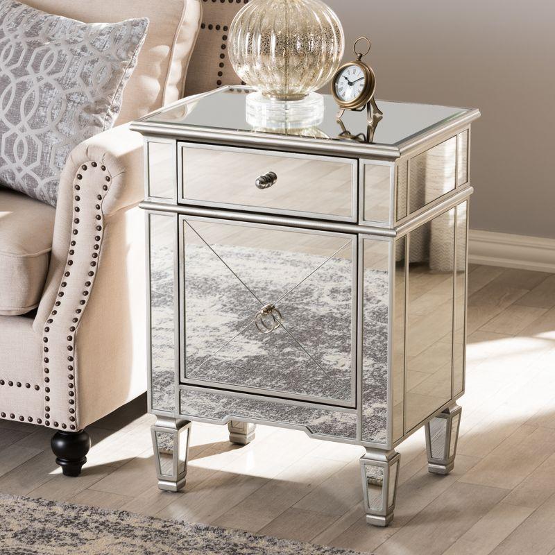 Claudia Hollywood Regency Glamour Style Mirrored Nightstand - Baxton Studio: Silver Lacquered, MDF Composite, No Assembly Required