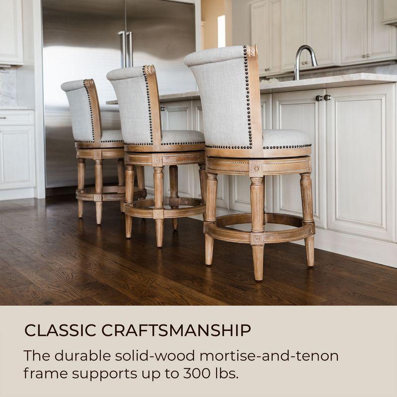 Maven Lane Pullman 26 Inch Tall Counter Height Upholstered Barstool with Back in Weathered Oak Finish with Sand Color Fabric Cushion Seat, Set of 4