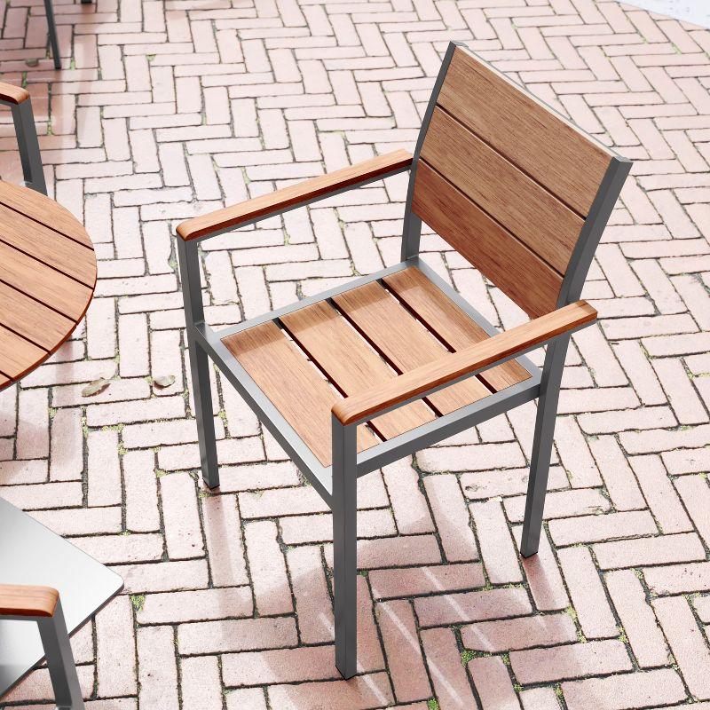 Flash Furniture Finch Commercial Grade Patio Chair with Arms, Stackable Side Chair with Faux Teak Poly Slats and Metal Frame