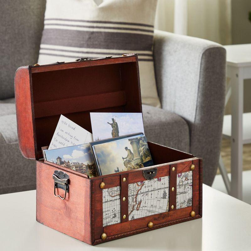 Juvale Set of 3 Small Wooden Storage Trunks and Chests, Living Room Décor Suitcases with Antique Map Print for Jewelry, 3 Sizes