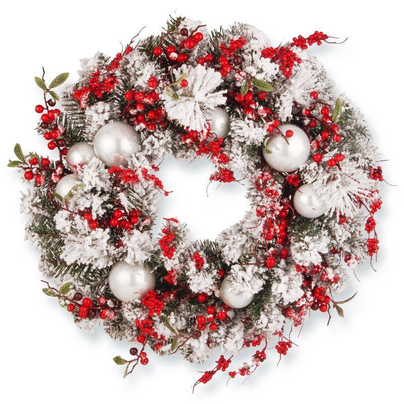 24" Frosted Pine Artificial Christmas Wreath with Red Berries and Silver Ornaments