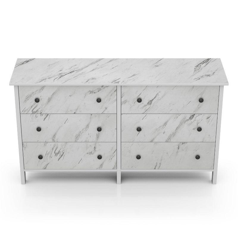 Fichte Transitional 6 Drawer Faux Marble Dresser White Marble - miBasics: Bedroom Storage, Elegant Design