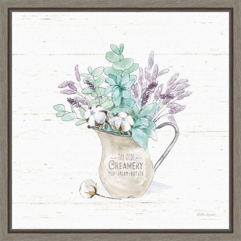 Farmhouse Lavender and Cotton Bouquet Canvas Print in Gray Frame