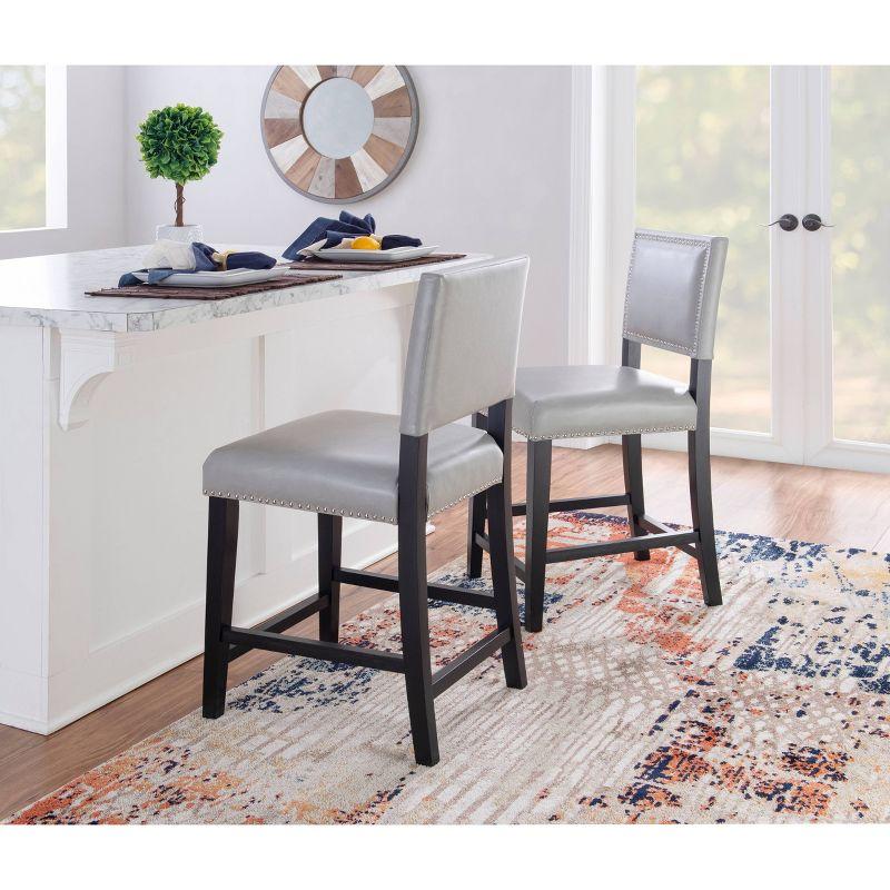 24" Brook Padded Back Faux Leather Nailhead Counter Height Barstool Gray - Linon: Solid Hardwood Frame, Footrails