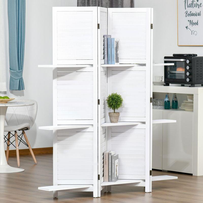 White Wood 4-Panel Folding Room Divider with Shelves