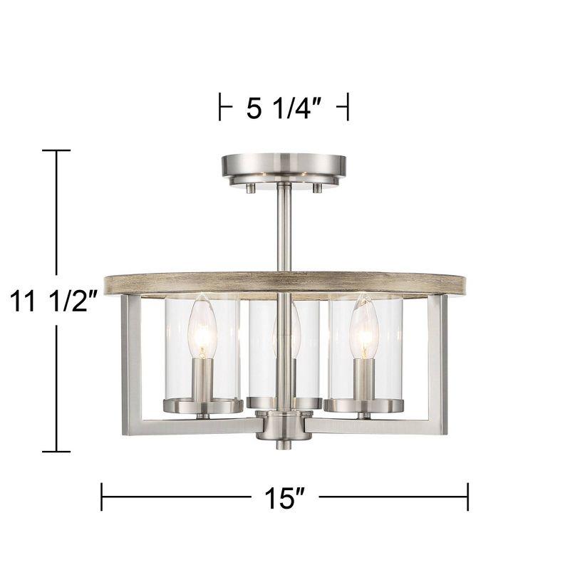 Possini Euro Design Senna Modern Industrial Ceiling Light Semi Flush Mount Fixture 15" Wide Brushed Nickel Gray Wood 3-Light Clear Glass for Bedroom