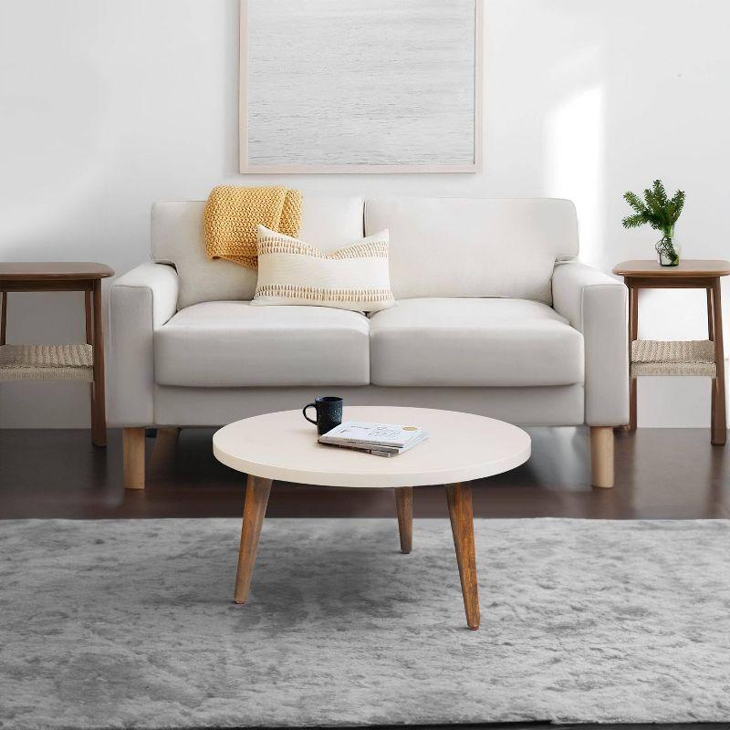 The Urban Port 24" Modern Coffee Table Round Off White Top Tapered Brown Mango Wood Legs Brown/White