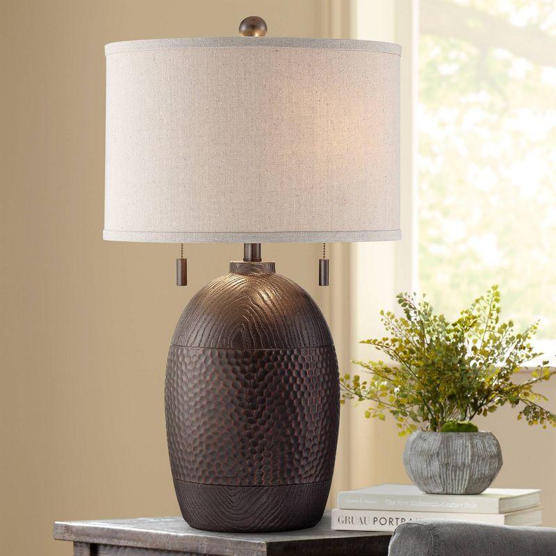 Franklin Iron Works Byron Rustic Table Lamp 27 1/2" Tall Hammered Textured Bronze White Drum Shade for Bedroom Living Room Bedside Nightstand Office