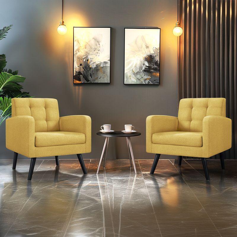 Yaheetech Set of 2 Mid Century Tufted Back Accent Arm Chair with Rubberwood Legs, Yellow