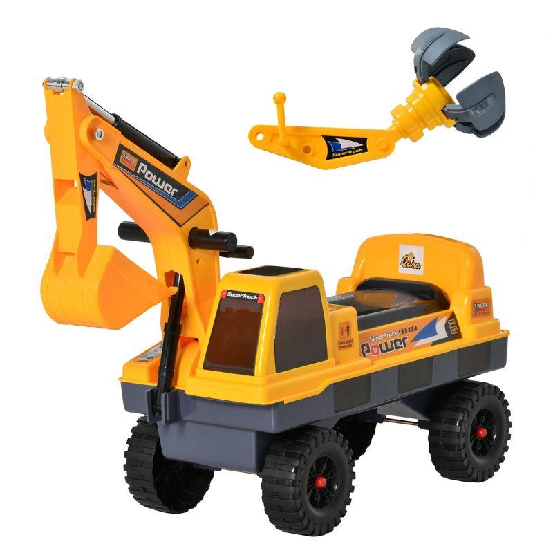 Qaba No Power Construction Ride On Toy Construction Truck, Multi-functional Excavator Digger with Workable Digging Bucket, Yellow