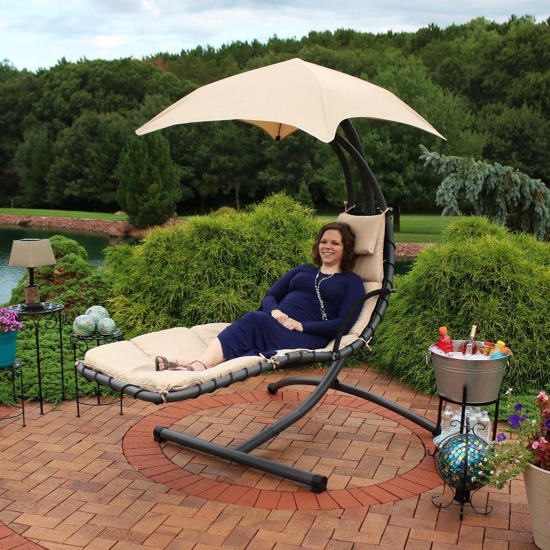 Beige Hanging Chaise Lounge Chair with Canopy and Cushions