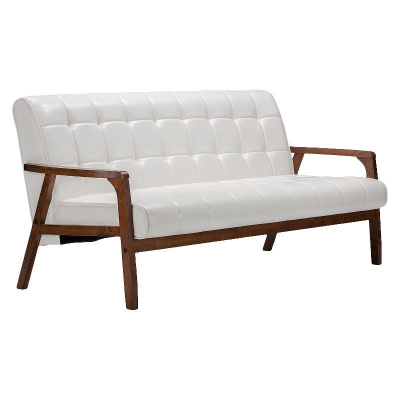 Mid-Century Masterpieces Sofa White - Baxton Studio: Faux Leather, Comfort Seating, Wood Veneer Finish