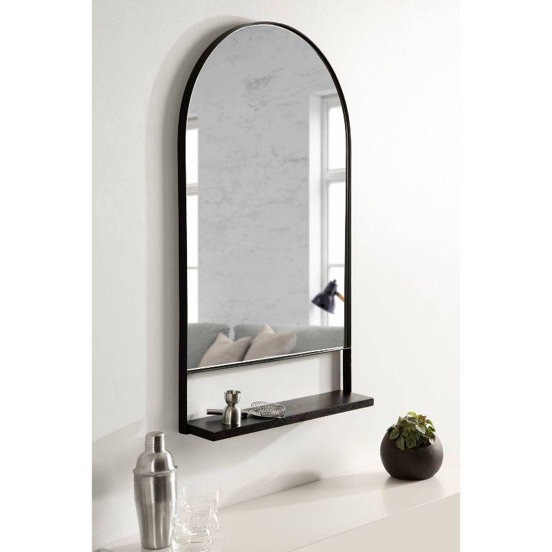 Chadwin 20" x 34" Arched Black Iron and Mango Wood Wall Mirror with Shelf