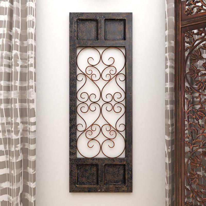 Olivia & May Traditional Wood Scroll Window Inspired Wall Decor with Metal Scrollwork Relief Brown: Vertical Iron Frame, Carved Art Object