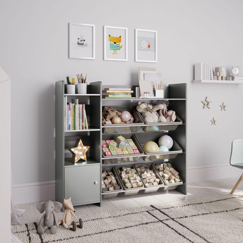 Gray Kids Toy Storage Organizer with Bookshelf and Bins