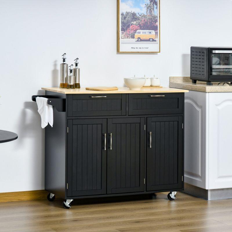 HOMCOM Modern Kitchen Island Cart on Wheels with Storage Drawers, Rolling Utility Cart with Adjustable Shelves, Cabinets and Towel Rack, Black