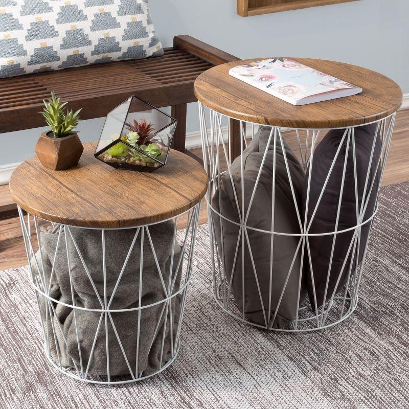 Round Wood and Metal Nesting Side Tables with Storage