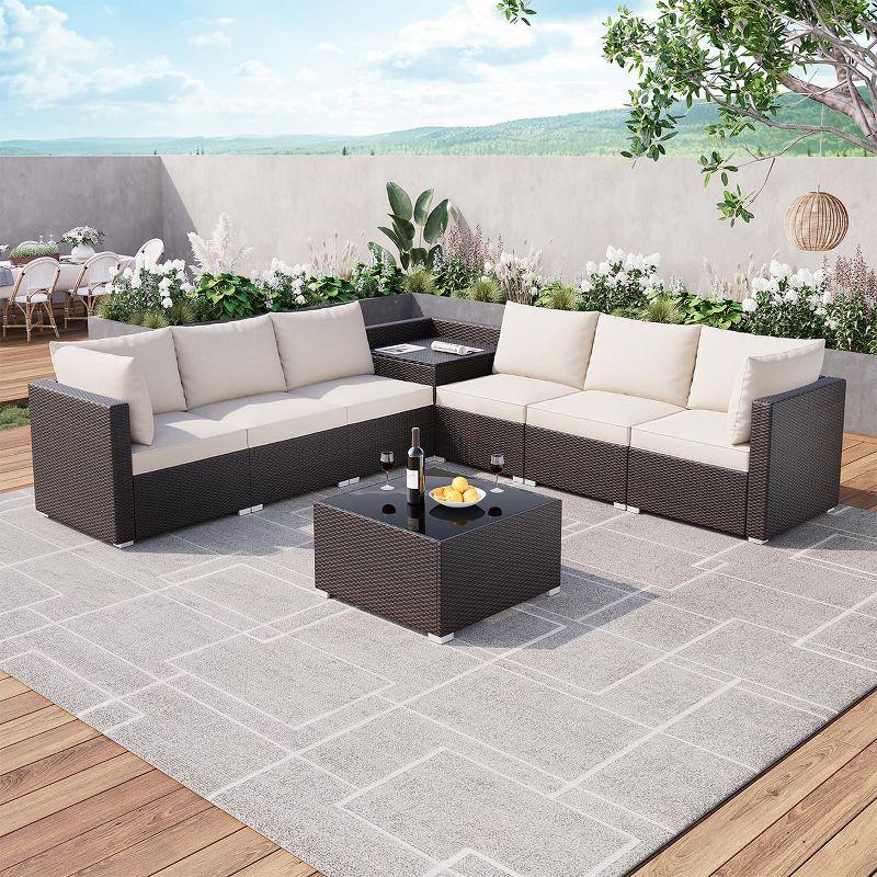 Whizmax 8-Piece Brown Wicker Rattan Outdoor Patio Set with Glass Table and Storage