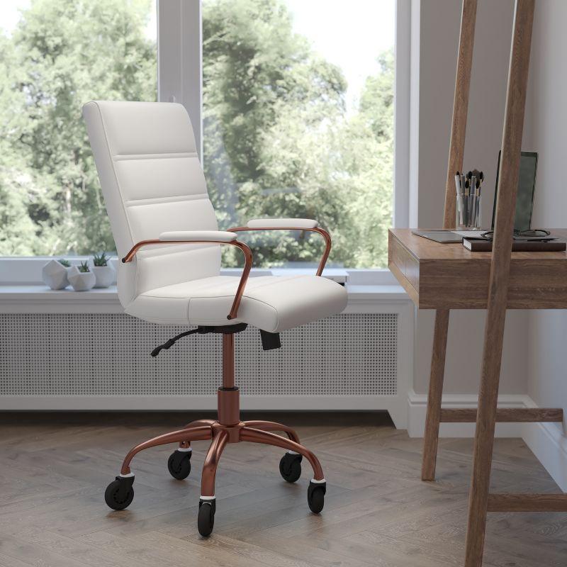 White LeatherSoft Mid-Back Executive Swivel Chair with Rose Gold Frame