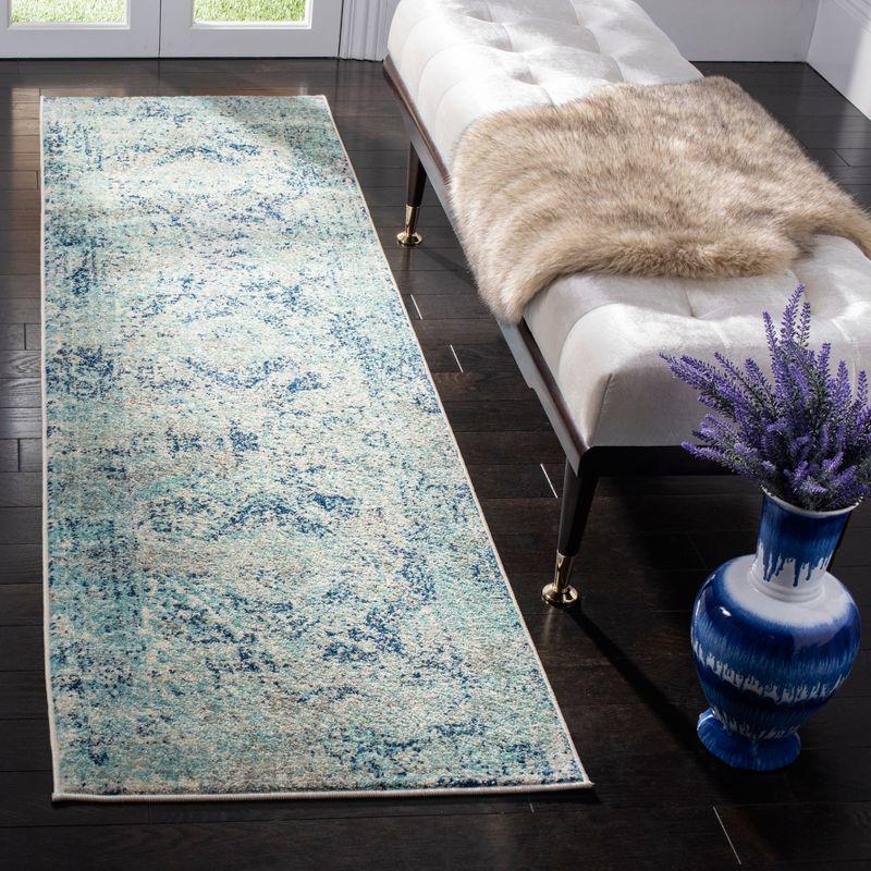 Ivory and Blue Floral Motif Synthetic Runner Rug