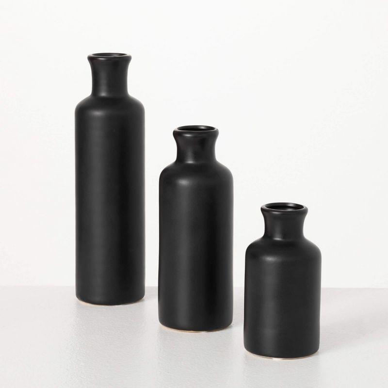 Sullivans Matte Black Set of 3 Small Ceramic Bottle Vases 5"H  7.5"H & 10"H Black