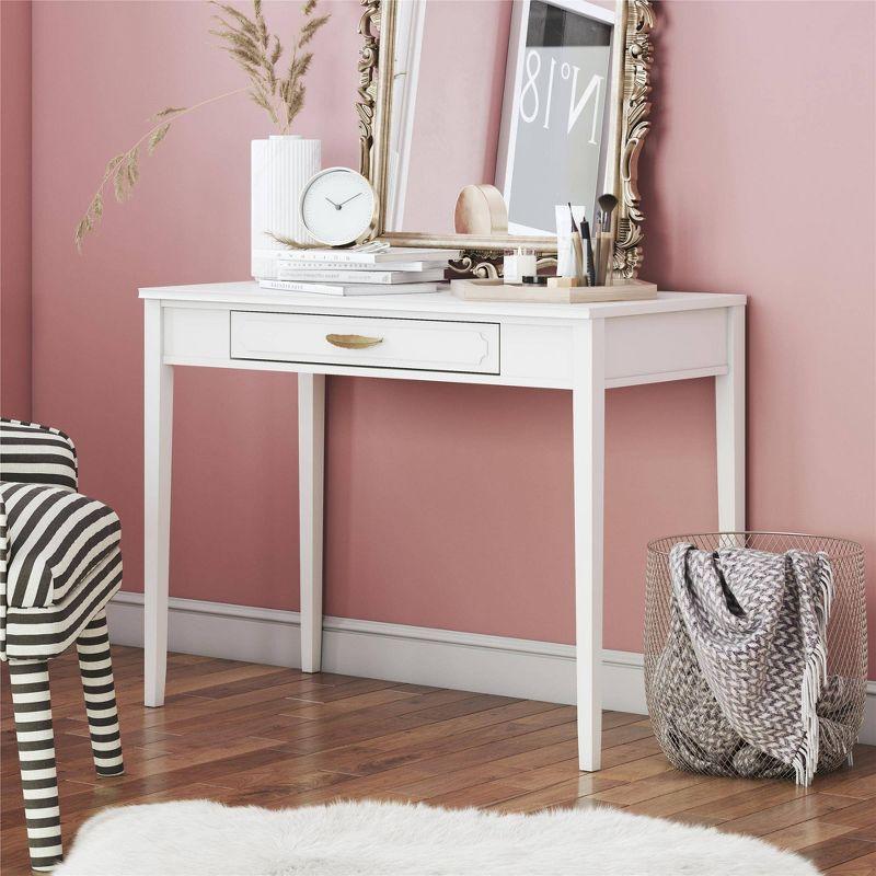 Stella White Wood Writing Desk with Gold Drawer Pull