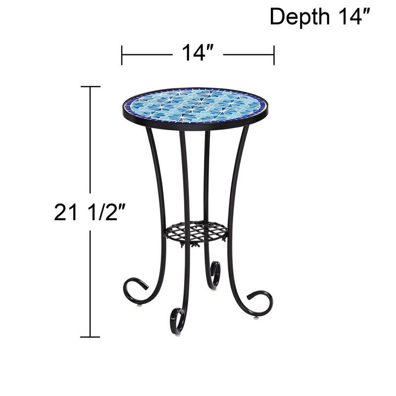 Teal Island Designs Coastal Black Round Outdoor Accent Side Tables 14" Wide Set of 2 Blue Stars Mosaic Tabletop Front Porch Patio Home House