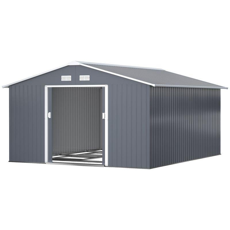 Outsunny 11' x 12.6' Metal Storage Shed Organizer, Garden Tool House with 4 Vents and 2 Sliding Doors for Backyard, Patio, Garage, Lawn, Dark Gray