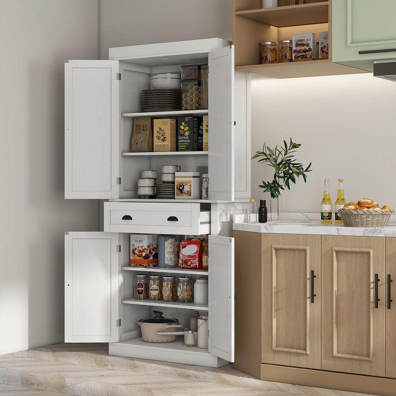 HOMCOM 72.5" Traditional Freestanding Kitchen Pantry Cupboard with 2 Cabinet, Drawer and Adjustable Shelves, White Wood Grain