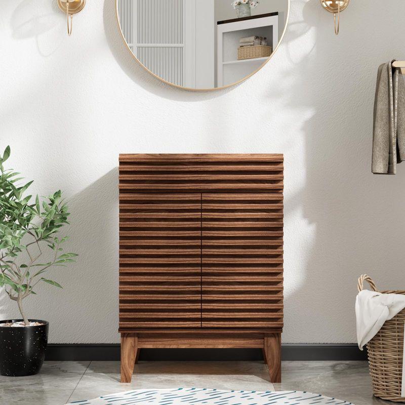 Mid-Century Walnut Freestanding Bathroom Vanity with Storage, MDF Frame, 24 in